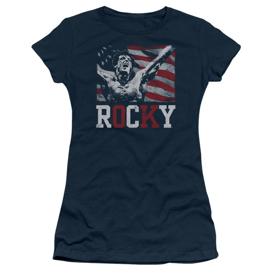 Rocky Flag Champion Junior Sheer Cap Sleeve Womens T Shirt Navy Blue