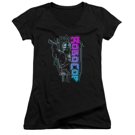 Robocop Robo Neon Junior Sheer Cap Sleeve V Neck Womens T Shirt Black