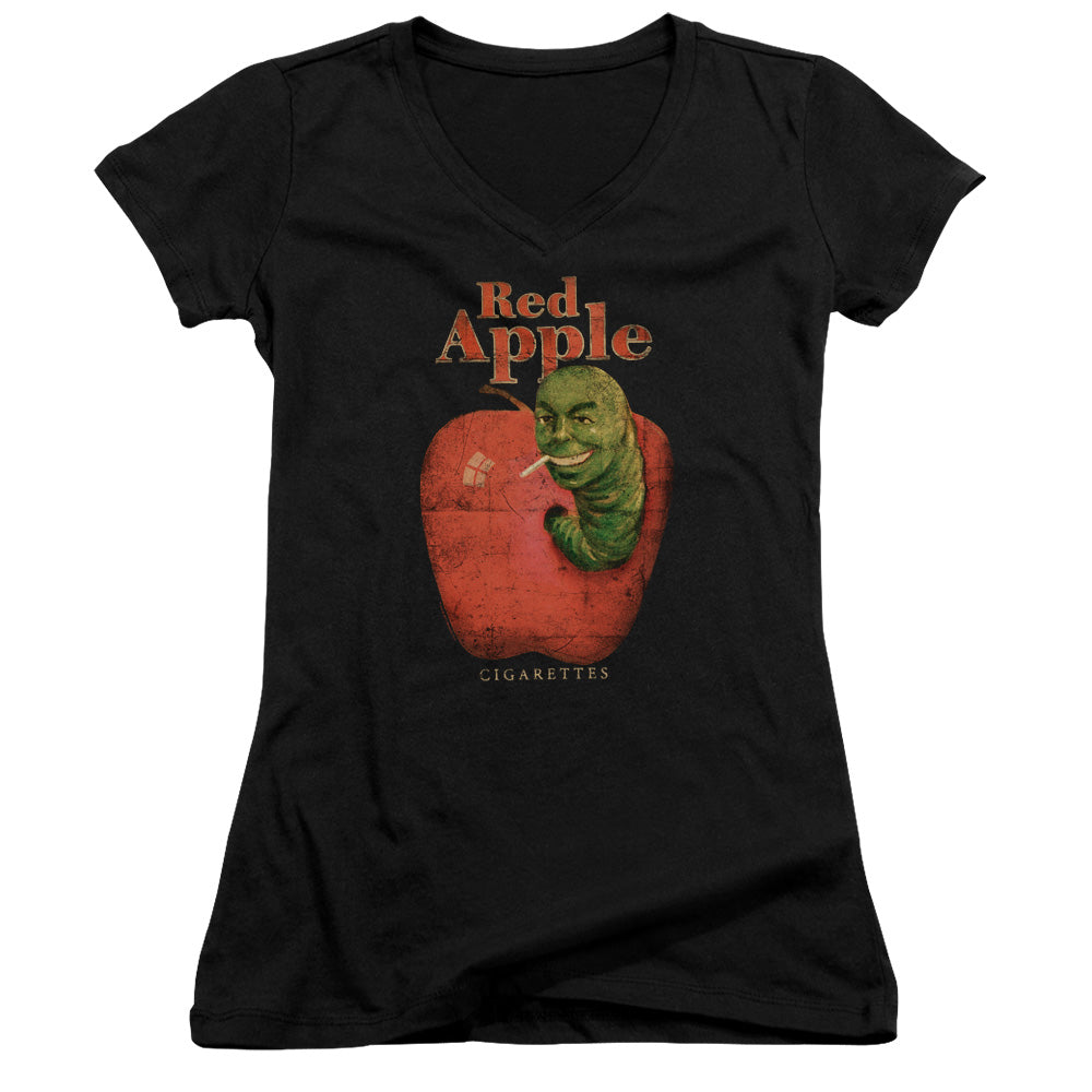 Pulp Fiction Red Apple Junior Sheer Cap Sleeve V Neck Womens T Shirt Black