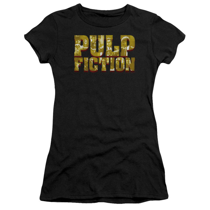 Pulp Fiction Pulp Logo Junior Sheer Cap Sleeve Womens T Shirt Black