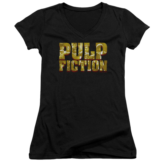 Pulp Fiction Pulp Logo Junior Sheer Cap Sleeve V Neck Womens T Shirt Black
