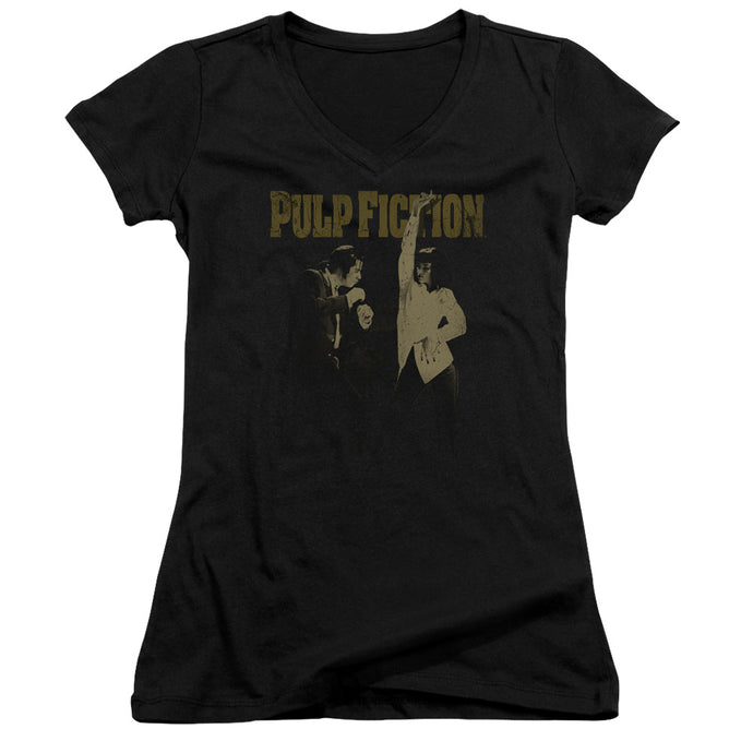 Pulp Fiction I Wanna Dance Junior Sheer Cap Sleeve V Neck Womens T Shirt Black