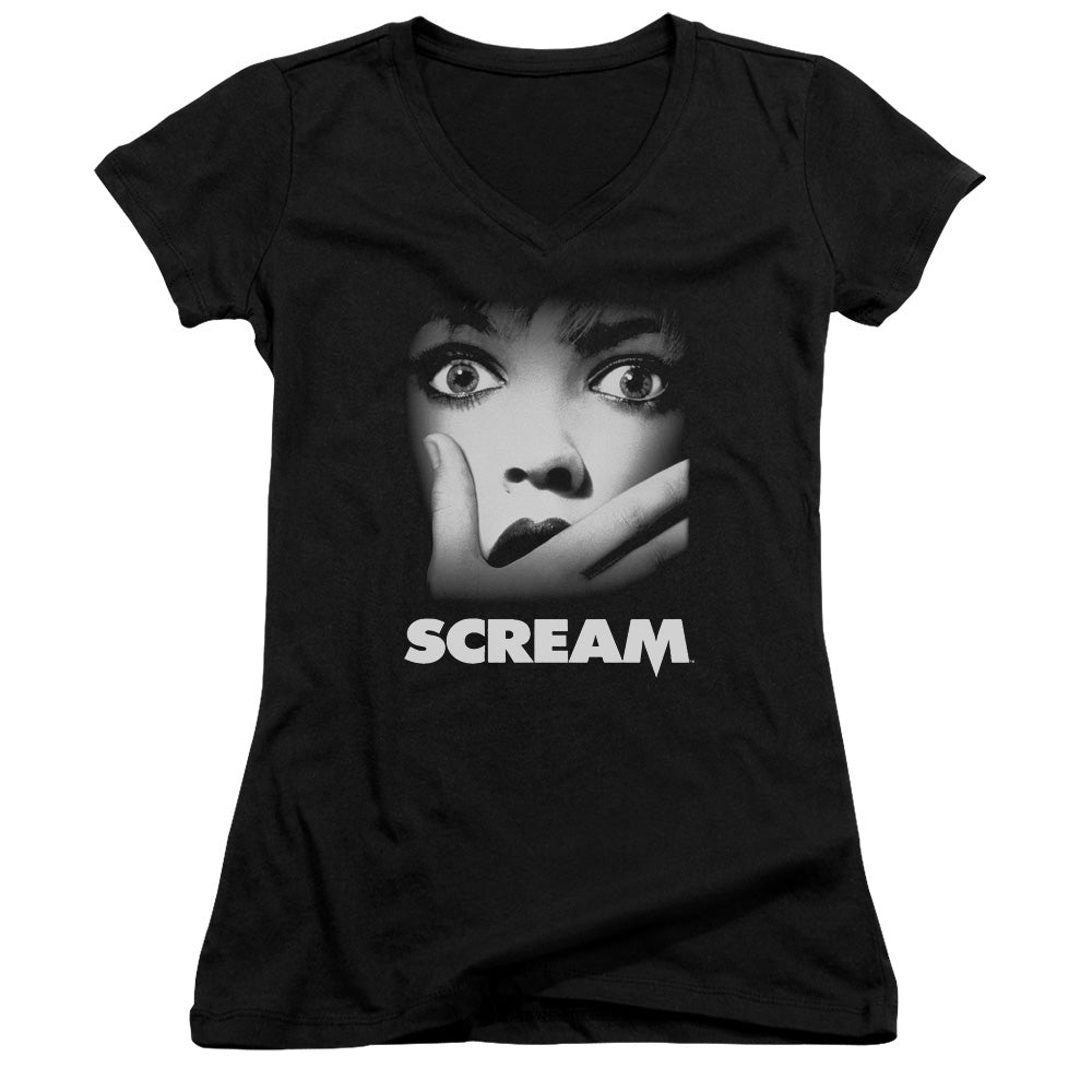 Scream Poster Junior Sheer Cap Sleeve V Neck Womens T Shirt Black