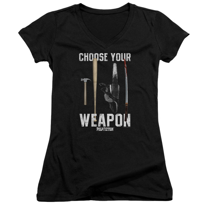 Pulp Fiction Choices Junior Sheer Cap Sleeve V Neck Womens T Shirt Black