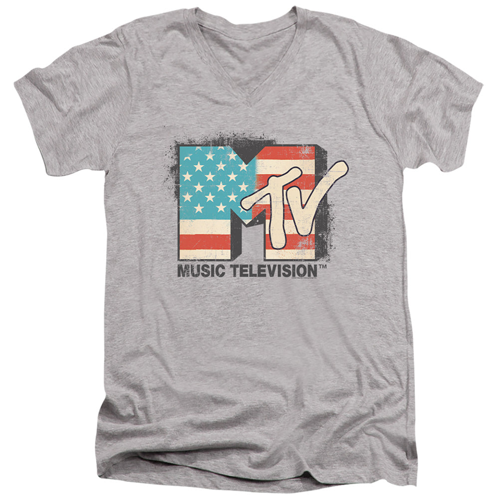 Mtv American Logo Mens Slim Fit V-Neck T Shirt Athletic Heather Officially Licensed