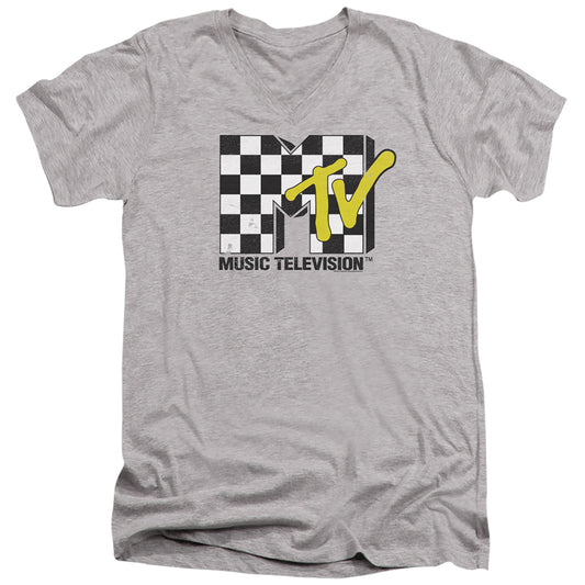 Mtv Checker Board Logo Mens Slim Fit V-Neck T Shirt Athletic Heather Officially Licensed