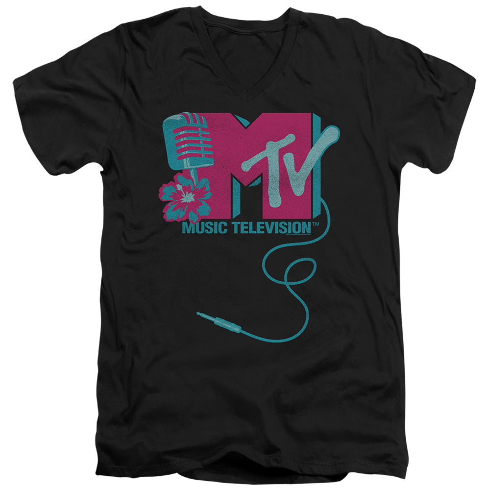 Mtv Microphone Logo Mens Slim Fit V-Neck T Shirt Black Officially Licensed