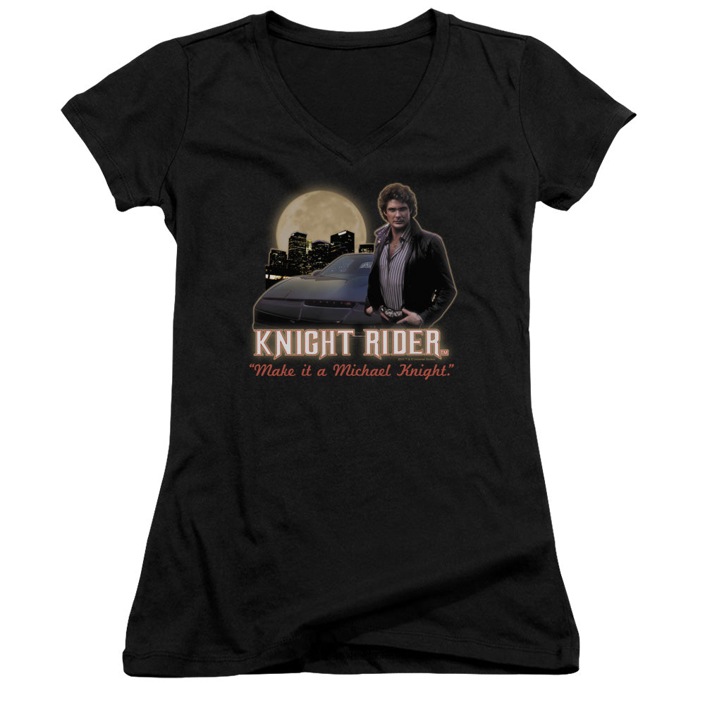 Knight Rider Full Moon Junior Sheer Cap Sleeve V Neck Womens T Shirt Black