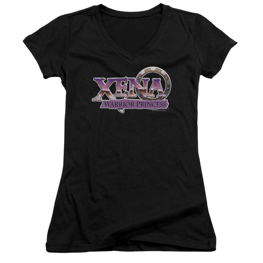 Xena Logo Junior Sheer Cap Sleeve V Neck Womens T Shirt Black