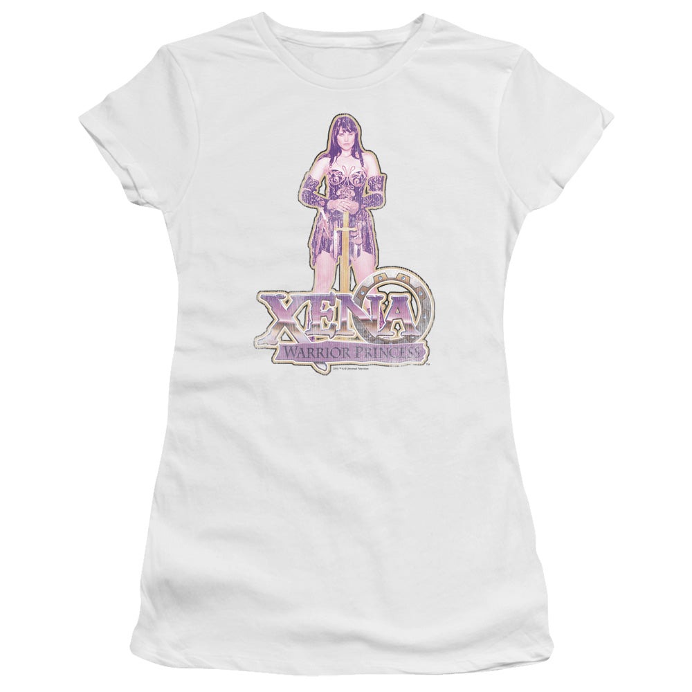 Xena Stand Junior Sheer Cap Sleeve Womens T Shirt White