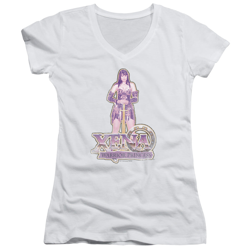 Xena Stand Junior Sheer Cap Sleeve V Neck Womens T Shirt White