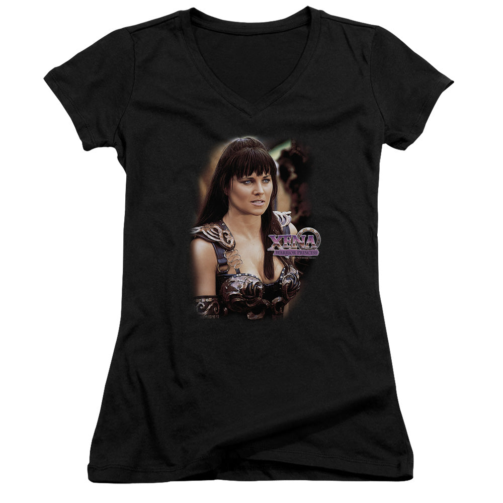 Xena Warrior Princess Junior Sheer Cap Sleeve V Neck Womens T Shirt Black