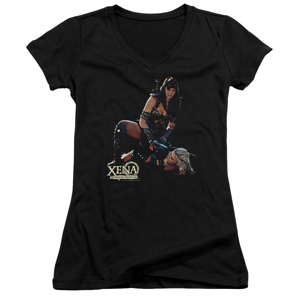 Xena In Control Junior Sheer Cap Sleeve V Neck Womens T Shirt Black