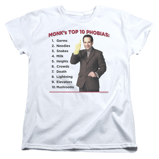 Monk Top 10 Phobias Womens T Shirt White