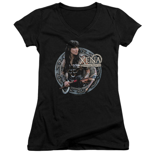 Xena The Warrior Junior Sheer Cap Sleeve V Neck Womens T Shirt Black