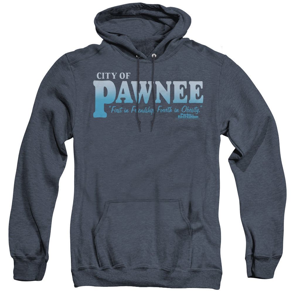 Parks And Rec Pawnee Mens Heather Hoodie Navy Officially Licensed