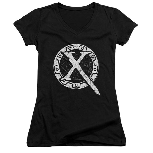 Xena Sigil Junior Sheer Cap Sleeve V Neck Womens T Shirt Black