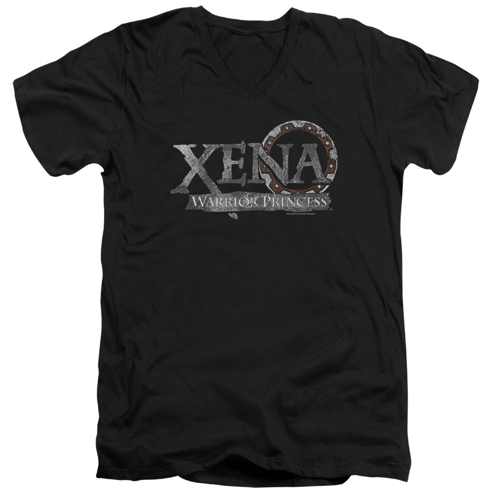 Xena Battered Logo Mens Slim Fit V Neck T Shirt Black