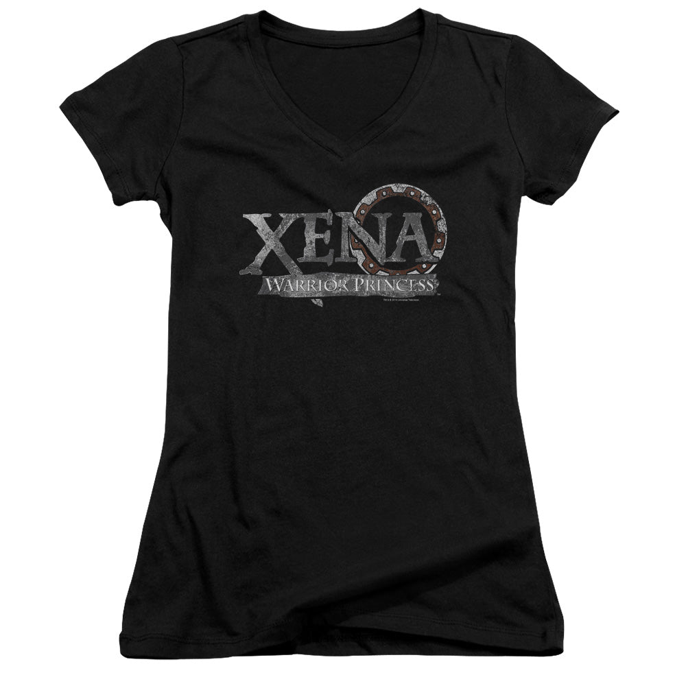 Xena Battered Logo Junior Sheer Cap Sleeve V Neck Womens T Shirt Black