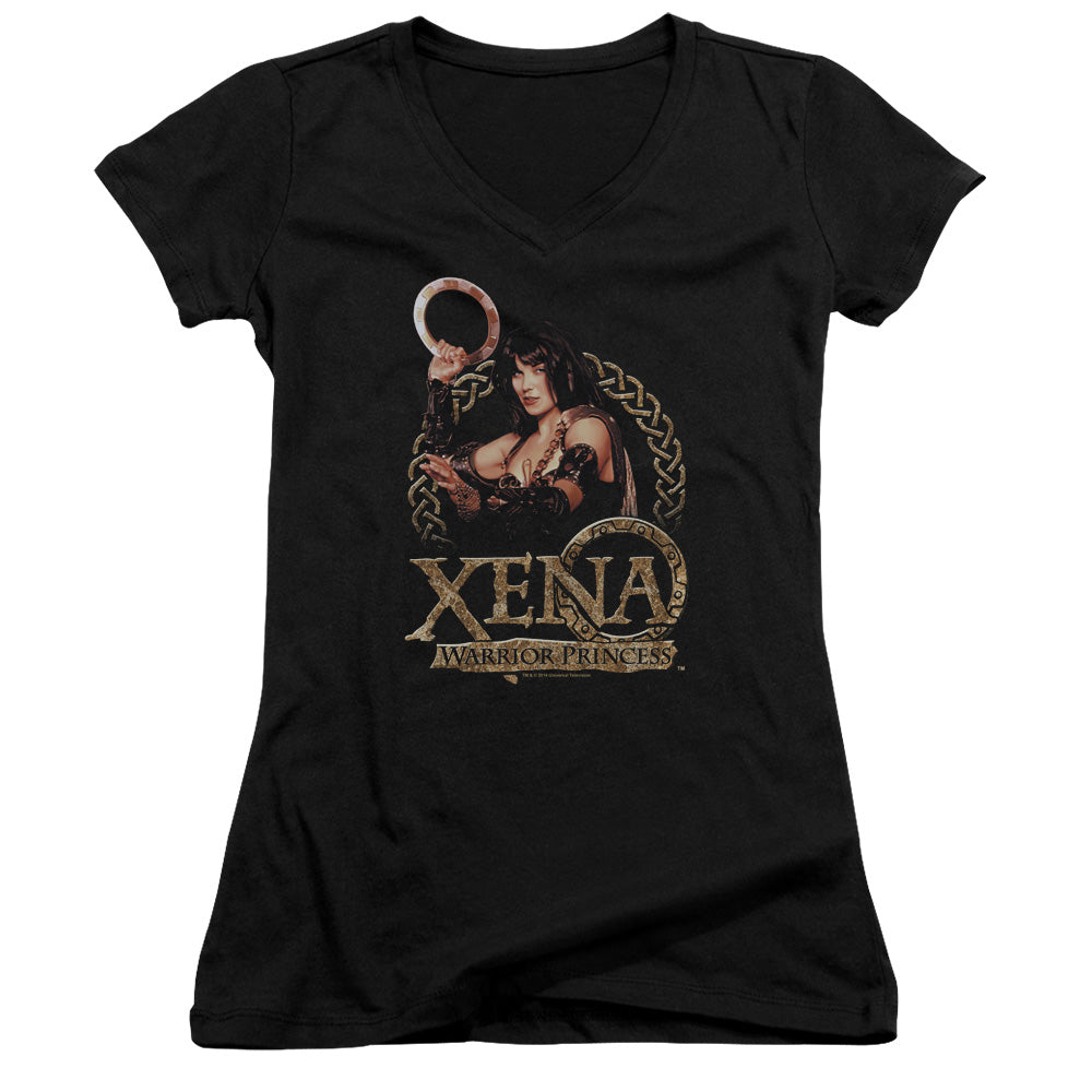 Xena Royalty Junior Sheer Cap Sleeve V Neck Womens T Shirt Black