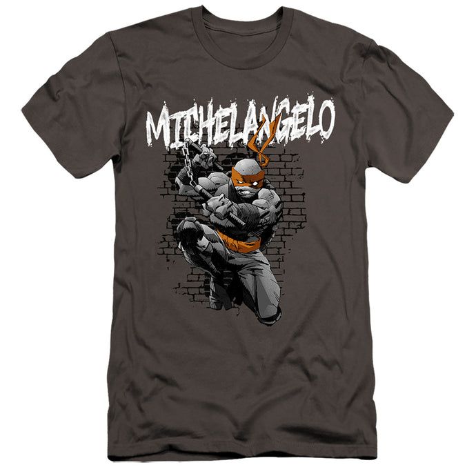 Teenage Mutant Ninja Turtles Teenage Mutant Ninja Turtles Michelangelo Premium Bella Canvas Slim Fit Mens T Shirt Charcoal