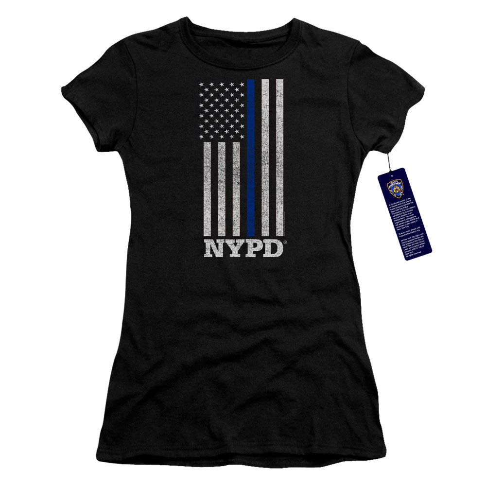 New York City Thin Blue Line Junior Sheer Cap Sleeve Womens T Shirt Black