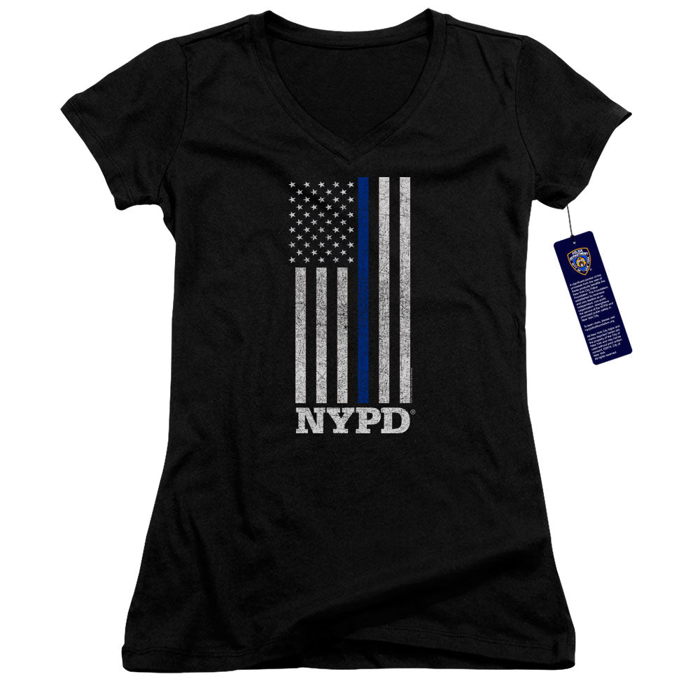 New York City Thin Blue Line Junior Sheer Cap Sleeve V Neck Womens T Shirt Black