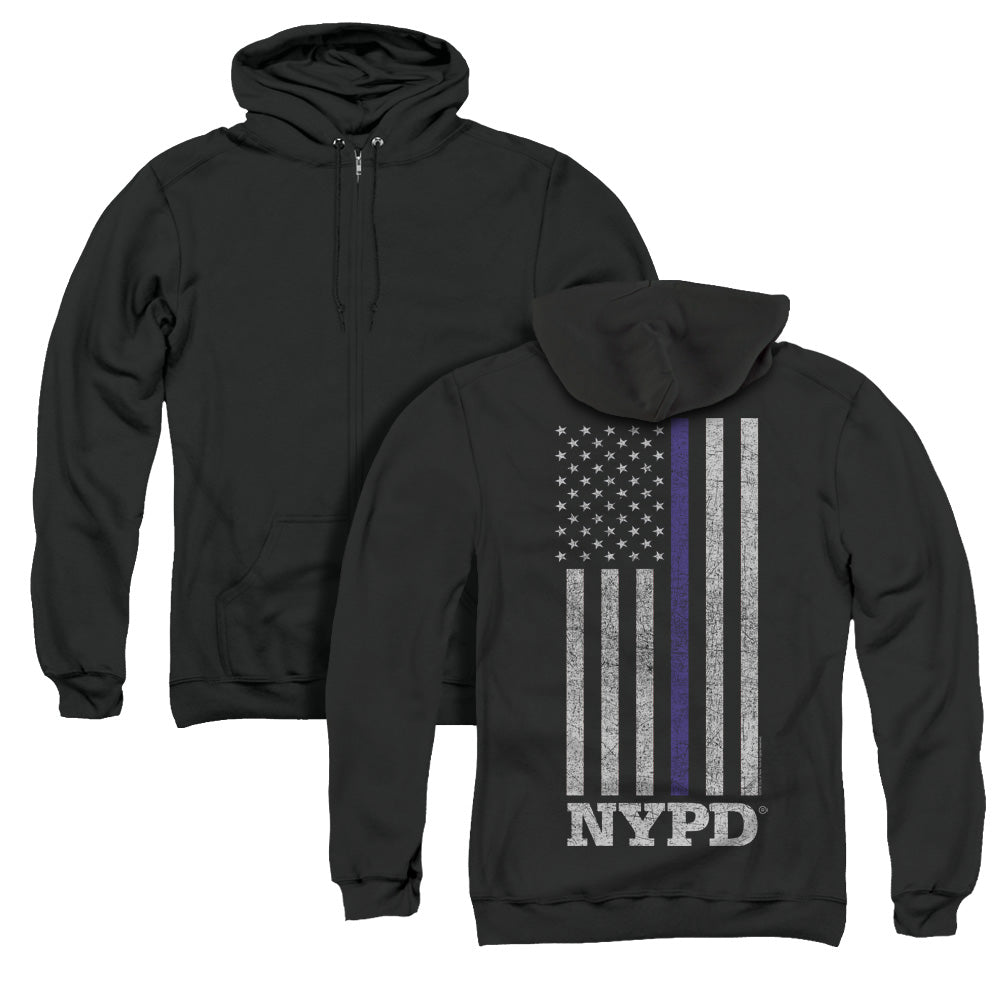 New York City Thin Blue Line Back Print Zipper Mens Hoodie Black