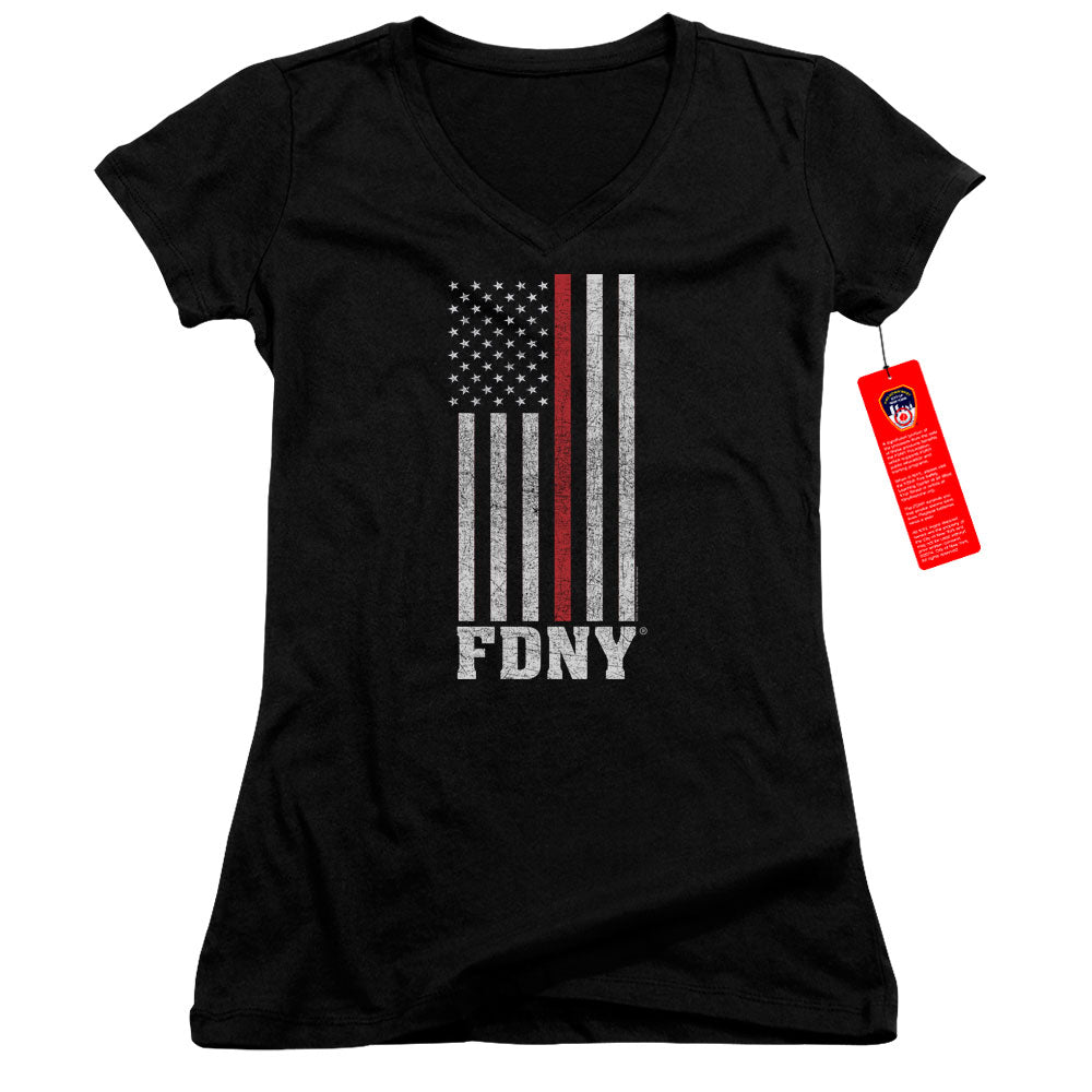 New York City Thin Red Line Junior Sheer Cap Sleeve V Neck Womens T Shirt Black