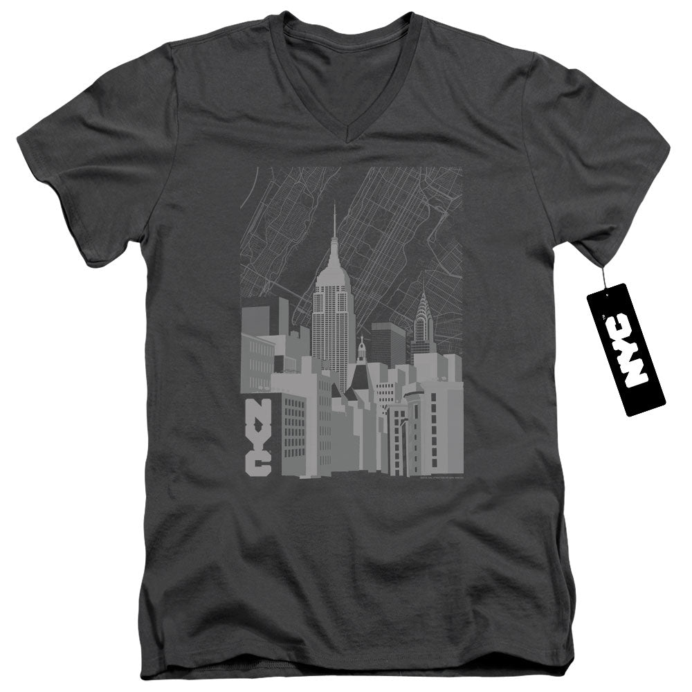 New York City Manhattan Monochrome Mens Slim Fit V Neck T Shirt Charcoal