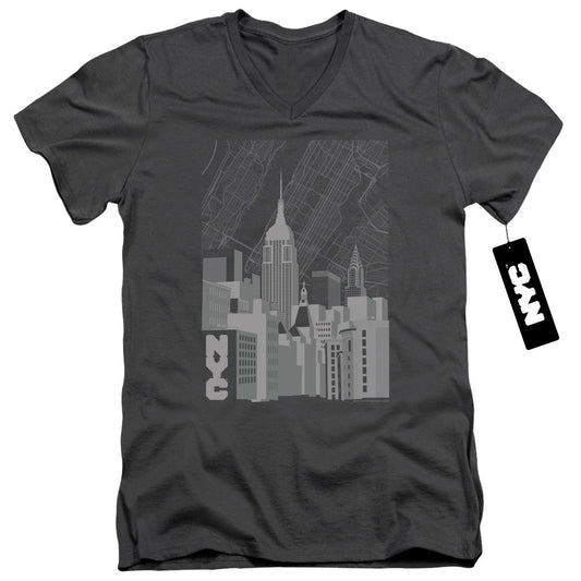 New York City Manhattan Monochrome Mens Slim Fit V Neck T Shirt Charcoal