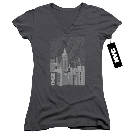 New York City Manhattan Monochrome Junior Sheer Cap Sleeve V Neck Womens T Shirt Charcoal