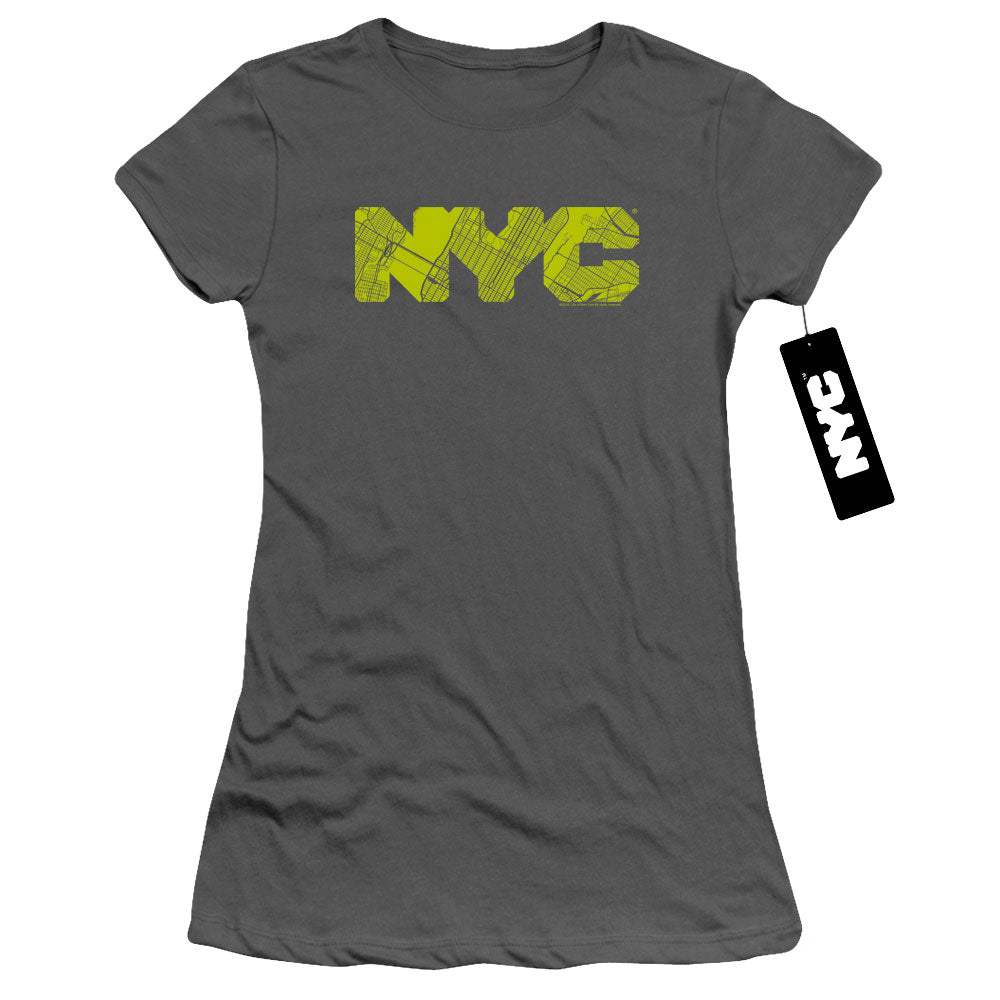 New York City Nyc Map Fill Junior Sheer Cap Sleeve Womens T Shirt Charcoal