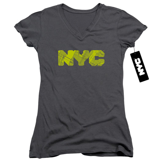 New York City Nyc Map Fill Junior Sheer Cap Sleeve V Neck Womens T Shirt Charcoal