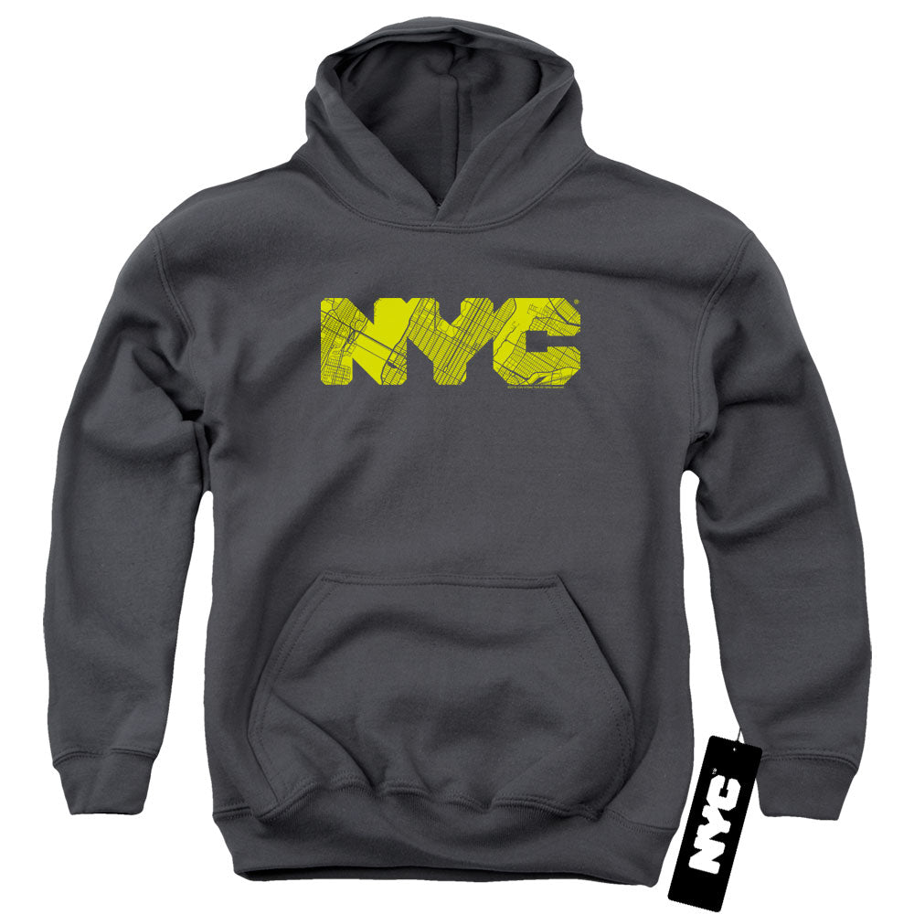 New York City Nyc Map Fill Kids Youth Hoodie Charcoal