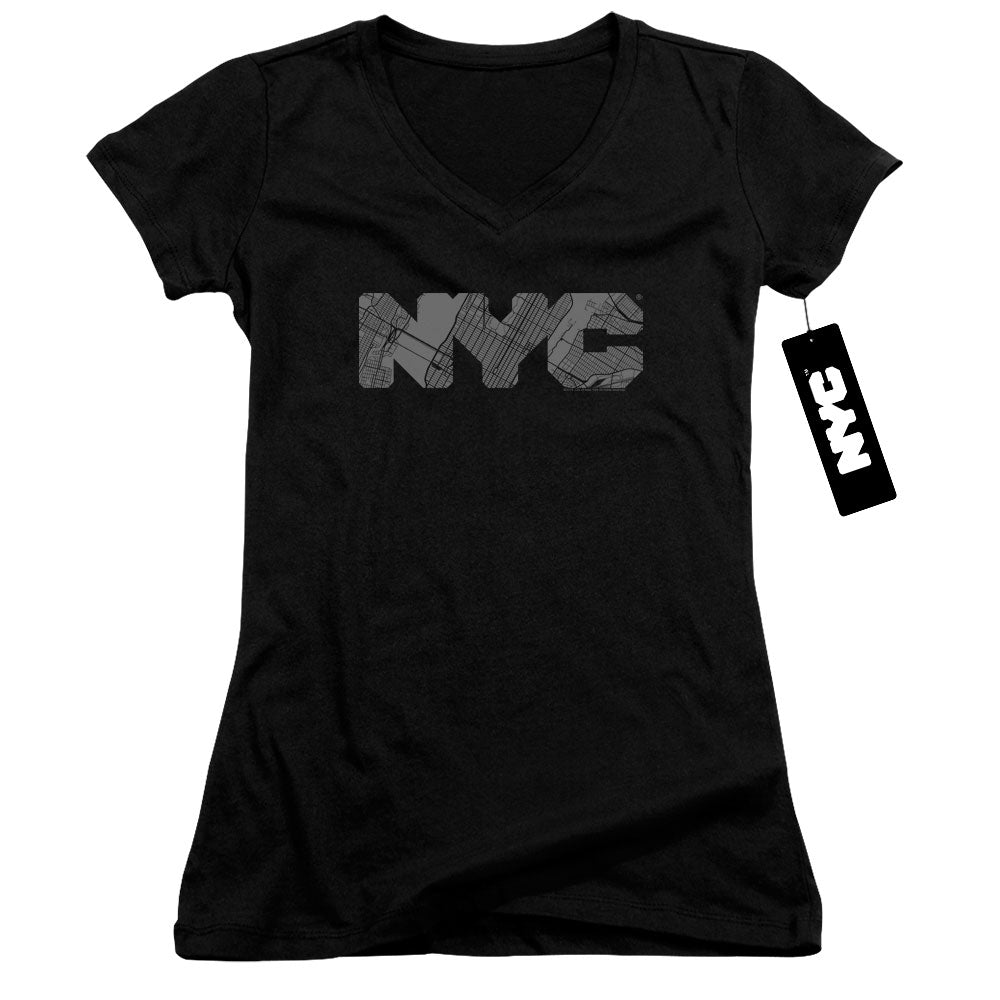 New York City Nyc Map Fill Junior Sheer Cap Sleeve V Neck Womens T Shirt Black