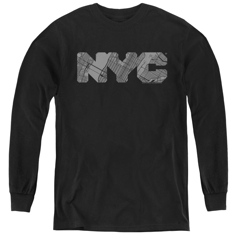 New York City Nyc Map Fill Long Sleeve Kids Youth T Shirt Black