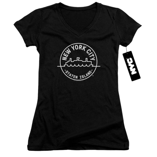 New York City See Nyc Staten Island Junior Sheer Cap Sleeve V Neck Womens T Shirt Black