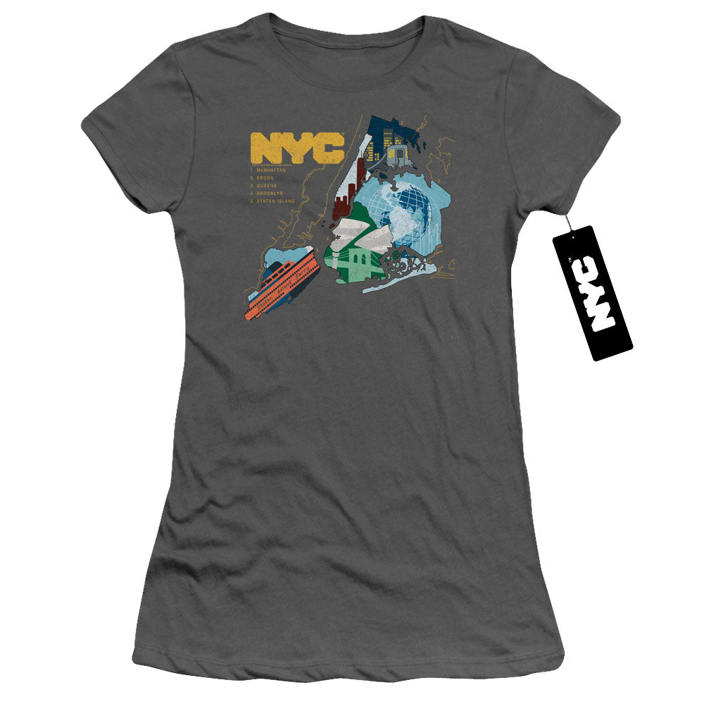 New York City Five Boroughs Junior Sheer Cap Sleeve Womens T Shirt Charcoal