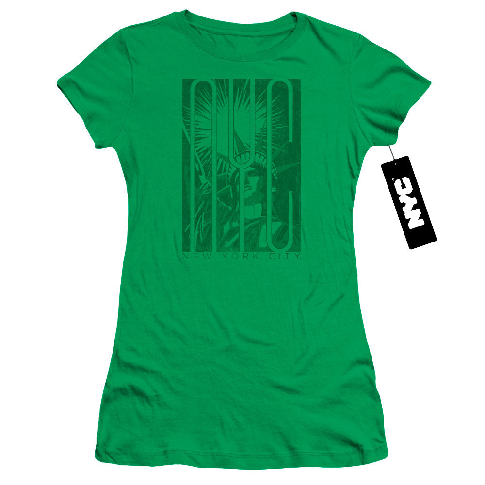 New York City Liberty Junior Sheer Cap Sleeve Womens T Shirt Kelly Green