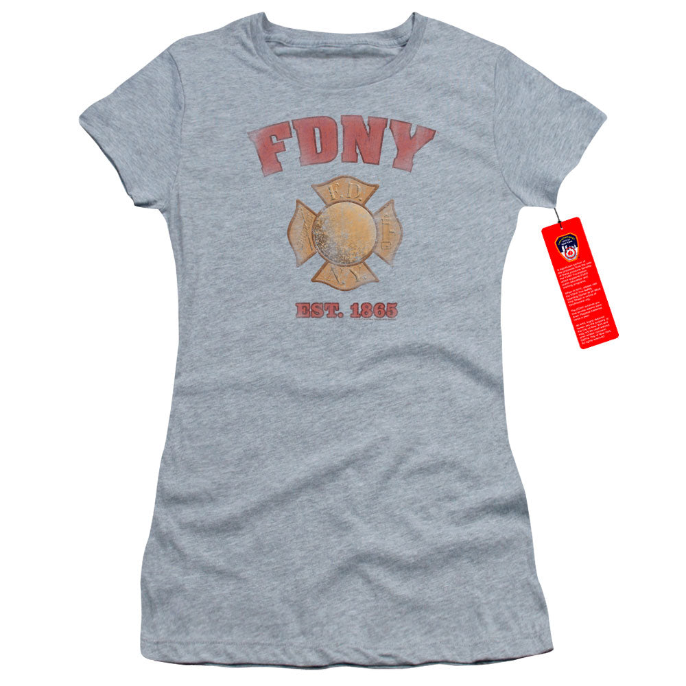 New York City Fdny Vintage Badge Junior Sheer Cap Sleeve Womens T Shirt Athletic Heather