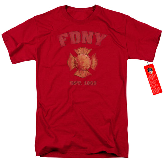 New York City Fdny Vintage Badge Mens T Shirt Cardinal