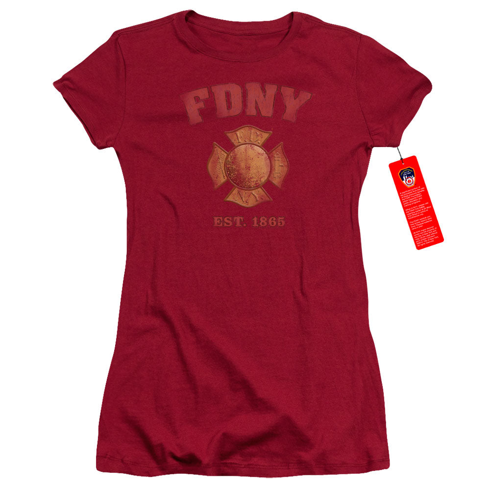 New York City Fdny Vintage Badge Junior Sheer Cap Sleeve Womens T Shirt Cardinal