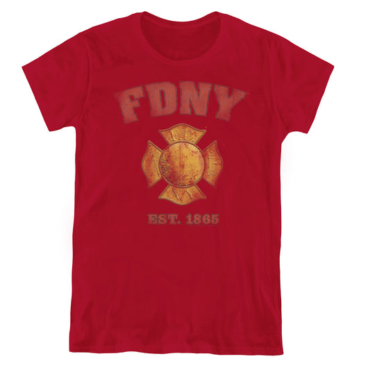 New York City Fdny Vintage Badge Womens T Shirt Cardinal