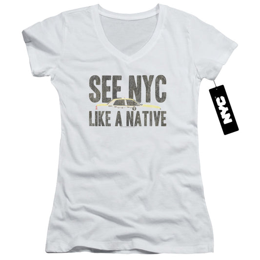 New York City Nyc Like A Native Junior Sheer Cap Sleeve V Neck Womens T Shirt White