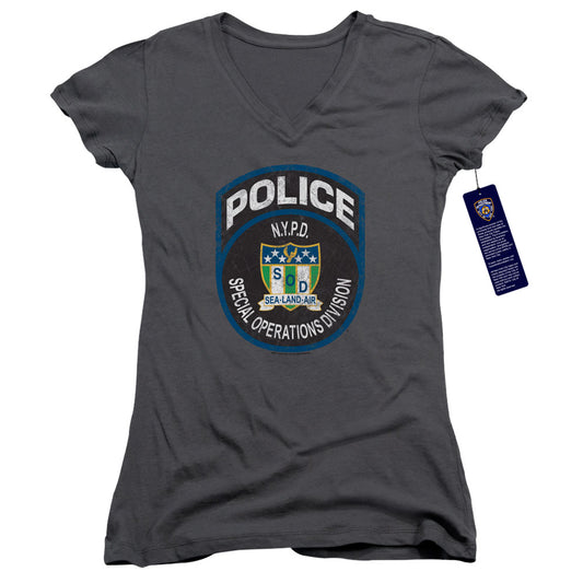 New York City Special Ops Junior Sheer Cap Sleeve V Neck Womens T Shirt Charcoal