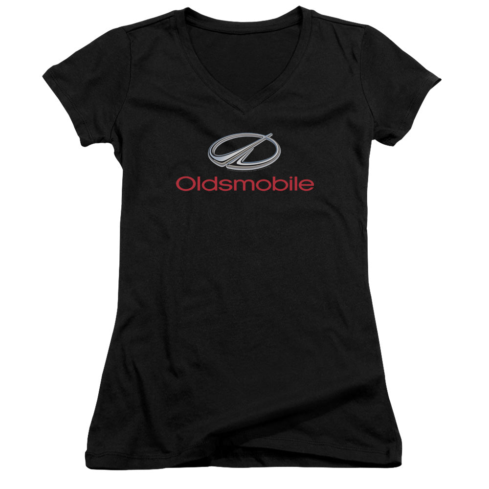 Oldsmobile Modern Logo Junior Sheer Cap Sleeve V Neck Womens T Shirt Black