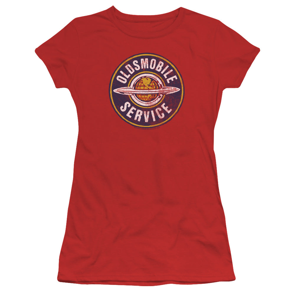 Oldsmobile Vintage Service Junior Sheer Cap Sleeve Womens T Shirt Red