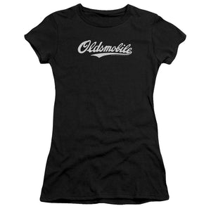 Oldsmobile Oldsmobile Cursive Logo Junior Sheer Cap Sleeve Womens T Shirt Black