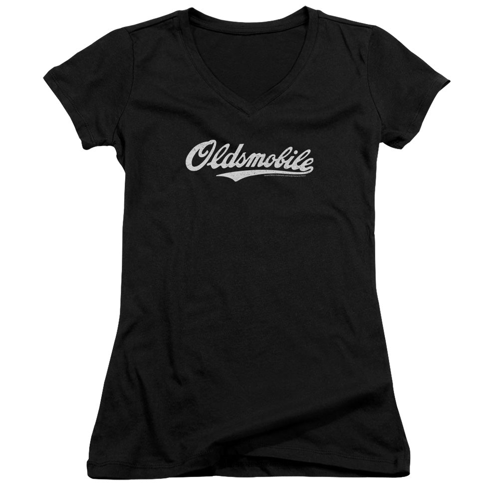 Oldsmobile Oldsmobile Cursive Logo Junior Sheer Cap Sleeve V Neck Womens T Shirt Black